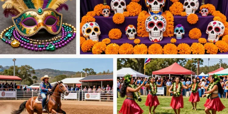 A vibrant collage of four North American festivals: Mardi Gras with colorful masks and beads in New Orleans, Day of the Dead altars with marigolds and sugar skulls in Mexico, Calgary Stampede with cowboys and rodeo action, and a lively Hawaiian luau with hula dancers and a pig roast. Bright colors, diverse landscapes, festive atmosphere.