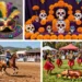 A vibrant collage of four North American festivals: Mardi Gras with colorful masks and beads in New Orleans, Day of the Dead altars with marigolds and sugar skulls in Mexico, Calgary Stampede with cowboys and rodeo action, and a lively Hawaiian luau with hula dancers and a pig roast. Bright colors, diverse landscapes, festive atmosphere.