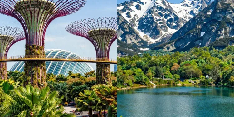 A vibrant collage showing two iconic nature destinations: on the left, the lush tropical Gardens by the Bay in Singapore with its futuristic Supertree structures and glass domes; on the right, a pristine alpine lake in Retezat National Park, Romania, surrounded by snow-capped peaks and dense green forests. The composition is split vertically, with bright sunlight and clear blue skies, evoking a sense of wonder and biodiversity.