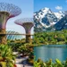 A vibrant collage showing two iconic nature destinations: on the left, the lush tropical Gardens by the Bay in Singapore with its futuristic Supertree structures and glass domes; on the right, a pristine alpine lake in Retezat National Park, Romania, surrounded by snow-capped peaks and dense green forests. The composition is split vertically, with bright sunlight and clear blue skies, evoking a sense of wonder and biodiversity.