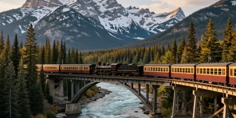 A scenic train journey through the Rocky Mountains in Canada, with a vintage steam locomotive crossing a high trestle bridge over a turquoise river, surrounded by snow-capped peaks and dense pine forests, golden hour light, photorealistic style, wide angle view.