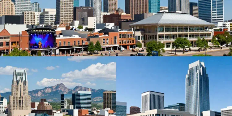 A vibrant collage of four modern North American cities: Austin (Texas) with a skyline and a live music scene, Nashville (Tennessee) with the Ryman Auditorium and a guitar, Denver (Colorado) with the Rocky Mountains in the background, and Charlotte (North Carolina) with a modern bank tower and green parks. Photorealistic, bright daylight, high detail, wide panoramic view, contemporary architecture and nature blend.