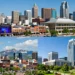A vibrant collage of four modern North American cities: Austin (Texas) with a skyline and a live music scene, Nashville (Tennessee) with the Ryman Auditorium and a guitar, Denver (Colorado) with the Rocky Mountains in the background, and Charlotte (North Carolina) with a modern bank tower and green parks. Photorealistic, bright daylight, high detail, wide panoramic view, contemporary architecture and nature blend.