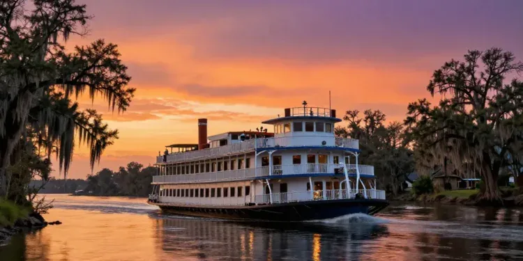 A majestic paddlewheel steamboat cruising on the Mississippi River at sunset, with ancient oak trees draped in Spanish moss lining the riverbanks, against a vibrant orange and purple sky, hyper-realistic photography style, detailed reflections on water, National Geographic quality
