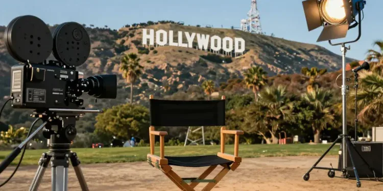 A vibrant cinematic scene showcasing a film director's chair in front of a large Hollywood sign with mountains in the background, surrounded by classic movie cameras and lighting equipment on an outdoor film set. Include elements of nature like palm trees and a clear blue sky. Realistic photography style, wide angle, golden hour lighting.