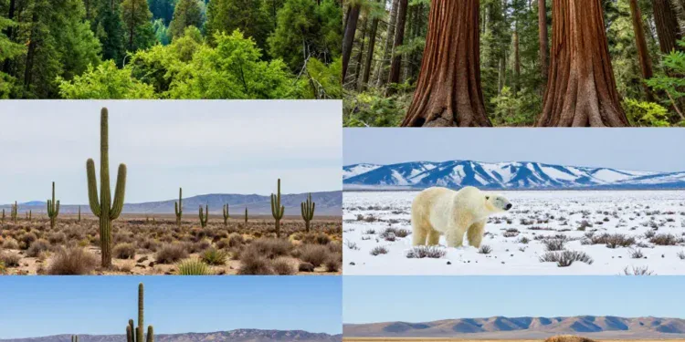 A collage of diverse North American ecosystems: lush green Pacific Northwest forest with giant sequoias, arid Sonoran desert with saguaro cacti, snowy arctic tundra with polar bear, and Great Plains with bison, all in vibrant realistic style with clear sky and sunlight.