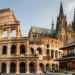 A collage-style photo illustration showing three iconic landmarks from different historic cities: the Colosseum in Rome with grand arches and ancient stone, the Gothic St. Vitus Cathedral in Prague with tall spires, and a traditional wooden Japanese machiya house in Kyoto with a zen garden. Combine them in a surreal, dreamlike skyline representing architectural inspiration through the ages. Photorealistic, warm golden hour lighting, high detail.