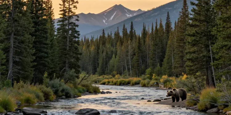 A majestic North American landscape with a clear river, dense pine forest, and a grizzly bear and a wolf in the distance, under a golden sunset. The scene is serene and wild, with mountains in the background. High resolution, photorealistic style, National Geographic quality.