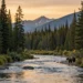 A majestic North American landscape with a clear river, dense pine forest, and a grizzly bear and a wolf in the distance, under a golden sunset. The scene is serene and wild, with mountains in the background. High resolution, photorealistic style, National Geographic quality.