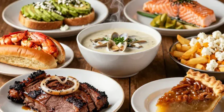 A colorful and appetizing collage of iconic North American dishes arranged on a rustic wooden table. In the foreground, a plate of Texas BBQ beef brisket with smoke rings, next to a bowl of New England clam chowder, a lobster roll, a slice of pecan pie, and a poutine with cheese curds. In the background, soft blurred images of a California avocado toast and a Pacific Northwest salmon fillet. Warm lighting, cinematic style, high detail, food photography aesthetic.