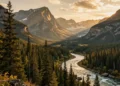 A dramatic landscape of North American wilderness with dense forests, towering mountains, and a river winding through, in the style of a vintage explorer's illustration with warm golden light, emphasizing adventure and discovery.