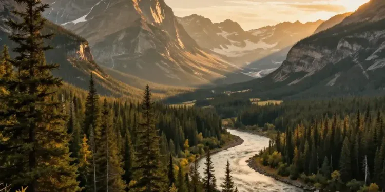 A dramatic landscape of North American wilderness with dense forests, towering mountains, and a river winding through, in the style of a vintage explorer's illustration with warm golden light, emphasizing adventure and discovery.