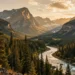 A dramatic landscape of North American wilderness with dense forests, towering mountains, and a river winding through, in the style of a vintage explorer's illustration with warm golden light, emphasizing adventure and discovery.