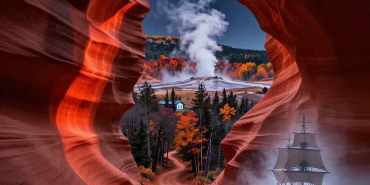 A mystical, cinematic landscape of North America blending diverse iconic elements: a glowing red Antelope Canyon slot canyon with light beams, a dark autumnal forest path near Salem, steam from a Yellowstone geyser in the background, and the ghostly silhouette of a sailing ship in fog over Newfoundland, all seen through a dreamlike, ethereal atmosphere, with a subtle starry night sky, digital art, high detail, dramatic lighting