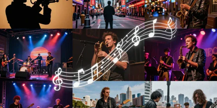 A visually rich collage representing iconic music scenes from major US cities: silhouettes of trumpet player in New Orleans French Quarter, neon-lit Broadway street in Nashville with a guitar player, saxophonist in a Harlem jazz club, punk rock band on a Sunset Strip stage, blues guitarist by a Chicago river, and a grunge band in rainy Seattle, all interconnected by music notes and dynamic light rays, atmospheric and vibrant, digital art.