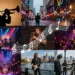 A visually rich collage representing iconic music scenes from major US cities: silhouettes of trumpet player in New Orleans French Quarter, neon-lit Broadway street in Nashville with a guitar player, saxophonist in a Harlem jazz club, punk rock band on a Sunset Strip stage, blues guitarist by a Chicago river, and a grunge band in rainy Seattle, all interconnected by music notes and dynamic light rays, atmospheric and vibrant, digital art.