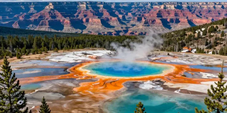 A panoramic view of majestic North American landscapes: in the foreground, a crystal-clear lake with turquoise water (like Lake Louise) surrounded by pine forests and snow-capped Rocky Mountains; in the midground, a geothermal spring with bright orange and blue colors (like Grand Prismatic Spring); in the background, a deep canyon with red rock layers (like Grand Canyon). The sky is clear blue with a few soft clouds. Photorealistic style, high detail, vibrant colors, wide angle, no people.