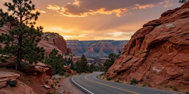 A panoramic view of a red rock canyon at sunset, with a winding road leading into the distance, pine trees on the left, and a dramatic sky with clouds, evoking the spirit of an American national park road trip, photorealistic style, 16:9 aspect ratio.