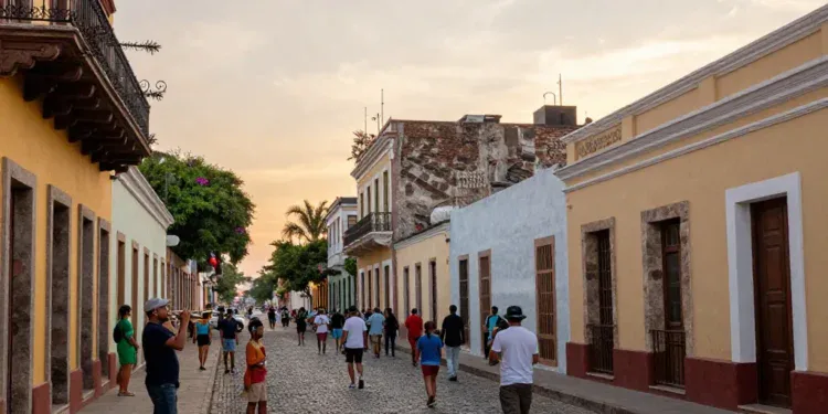 A panoramic view of a historic North American city street, blending colonial architecture with modern elements, cobblestone path, colorful buildings with wrought-iron balconies, a street musician playing a trumpet, and a diverse crowd walking, under a warm sunset sky, photorealistic style.