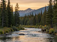 A majestic North American landscape with a clear river, dense pine forest, and a grizzly bear and a wolf in the distance, under a golden sunset. The scene is serene and wild, with mountains in the background. High resolution, photorealistic style, National Geographic quality.