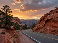 A panoramic view of a red rock canyon at sunset, with a winding road leading into the distance, pine trees on the left, and a dramatic sky with clouds, evoking the spirit of an American national park road trip, photorealistic style, 16:9 aspect ratio.